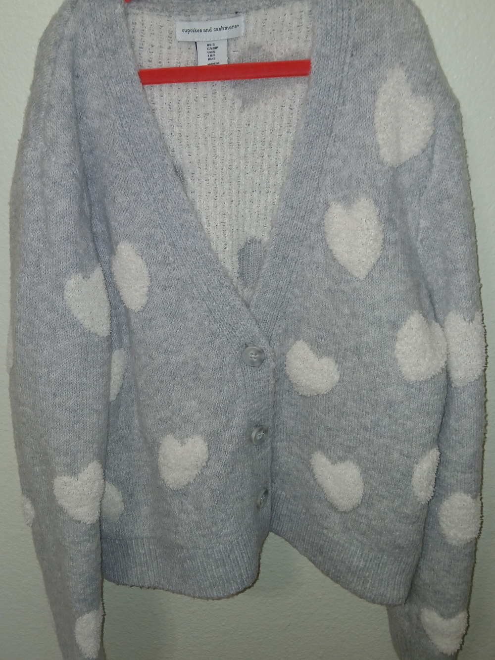 cupcakes & cashmere Light Gray Cardigan with White Heart Pattern